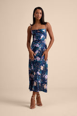 Fantasia Navy Floral Lace-Up Midi Slip Dress