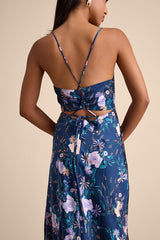 Fantasia Navy Floral Lace-Up Midi Slip Dress