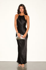 Ishika Black Satin Backless Slip Maxi Dress