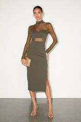 Sensational Soiree Olive Mesh Long Sleeve Bodycon Midi Dress
