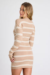 Maudie Beige and White Striped Sweater Mini Dress