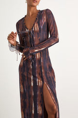 Aymeline Navy and Brown Abstract Long Sleeve Midi Dress