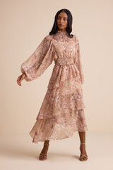 Wexler Peach Floral Tiered Mock Neck Long Sleeve Maxi Dress