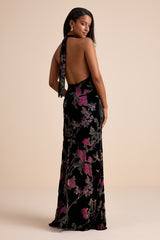 Flawlessly Gorgeous Black Burnout Floral Halter Maxi Dress
