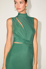Kamara Green Mesh Cutout Knotted Midi Dress