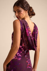 Yaneli Plum Floral Boat Neck Cowl Back Maxi Dress
