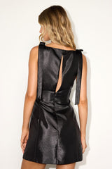 Kinglsey Black Satin Bow Shift Mini Dress