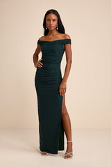 Scotia Dark Green Mesh Ruched Off-the-Shoulder Maxi Dress