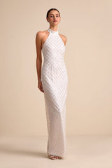 Novalea White Sequin Halter Maxi Dress