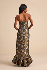 Nathania Olive Floral Jacquard Strapless Bubble-Hem Maxi Dress