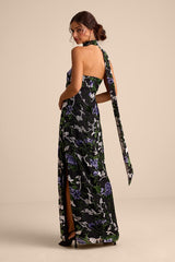 Corelia Black Floral Velvet Burnout Strapless Sash Maxi Dress