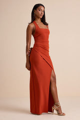 Abriana Rust Orange Pleated Halter Maxi Dress