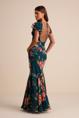 Resme Emerald Floral Flutter Sleeve Mermaid Maxi Dress
