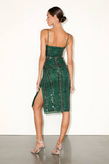Alluring Interest Green Sequin Embroidered Sleeveless Midi Dress
