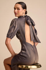 Talira Dark Taupe Satin Lurex Mock Neck Cutout Maxi Dress