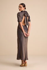 Talira Dark Taupe Satin Lurex Mock Neck Cutout Maxi Dress