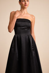 Indaya Black Satin Seamed Pleated Strapless Midi Dress