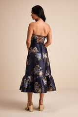 Yashelle Navy Floral Taffeta Strapless Tiered Corset Midi Dress