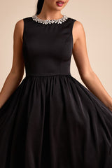 Marietta Black Satin Rhinestone Sleeveless Midi Dress
