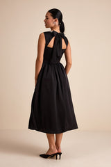 Marietta Black Satin Rhinestone Sleeveless Midi Dress