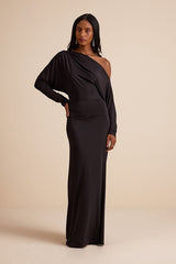 Valani Black Jersey Knit Asymmetrical Long Sleeve Maxi Dress