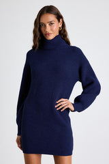 Casual Coziness Navy Waffle Knit Cowl Neck Sweater Dress