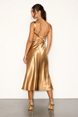 Perfectly Classy Gold Satin Strappy Midi Dress