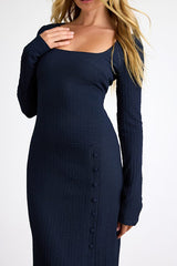Austine Navy Textured Knit Long Sleeve Midi Dress