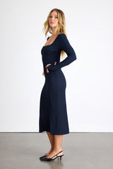 Austine Navy Textured Knit Long Sleeve Midi Dress