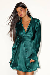 Rumaria Emerald Satin Faux-Wrap Mini Dress