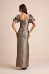 Celestina Bronze Lurex Puff Sleeve Mermaid Maxi Dress
