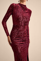 Neilina Burgundy Velvet Jacquard Mock Neck Maxi Dress