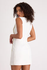 Paedyn White Boat Neck Side-Button Mini Dress