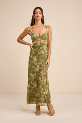 Endlessly Cute Green Floral Mesh Cutout Lace Bustier Maxi Dress
