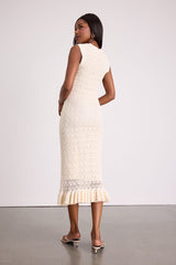 Nusa Cream Crochet Ruffled Column Midi Dress
