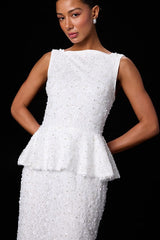 Nivina White Beaded Sequin Peplum Midi Dress