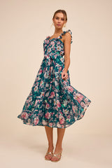 Shela Teal Floral Jacquard Tiered Midi Dress