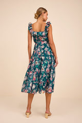 Shela Teal Floral Jacquard Tiered Midi Dress