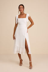 Summer Invite White Tie-Strap Tiered Midi Dress