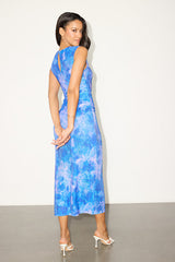 Elyra Blue Floral Mesh Ruched Crew Neck Midi Dress