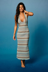 Majesty Turquoise and Brown Crochet Halter Midi Dress