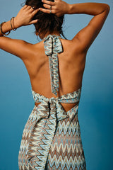 Majesty Turquoise and Brown Crochet Halter Midi Dress