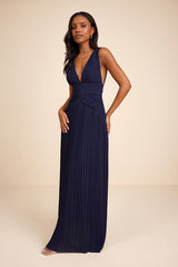 Kelina Navy Blue Pleated Drop Waist Maxi Dress