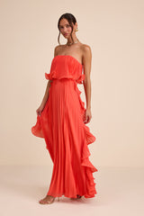 Andri Bright Orange Pleated Ruffled Maxi Dress