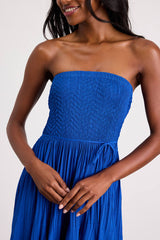 Altana Blue Pleated Strapless Midi Dress