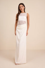 Akasha White Sheer Lace Mixed-Media Maxi Dress