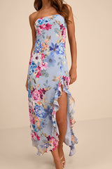 Melissa Light Blue Multi Floral Ruffled Midi Dress