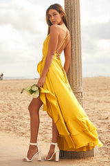 In Love Forever Mustard Yellow Satin Lace-Up High-Low Maxi Dress