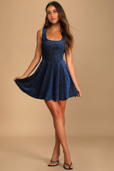 Best Date Ever Blue Metallic Skater Mini Dress
