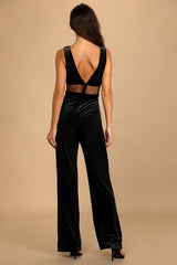 Luxurious Ease Black Velvet Straight Leg Jumpsuit